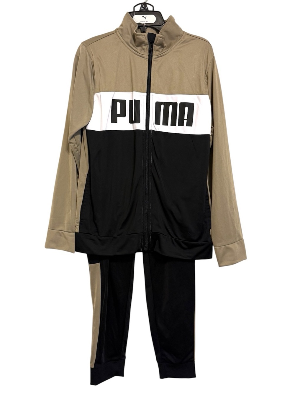 Puma Kids 2 Piece Track Suit Set Black Tan Jogger Jacket Set Size L 14/16 NWT